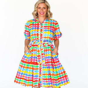 MELODY TIERED DRESS - NEON GINGHAM