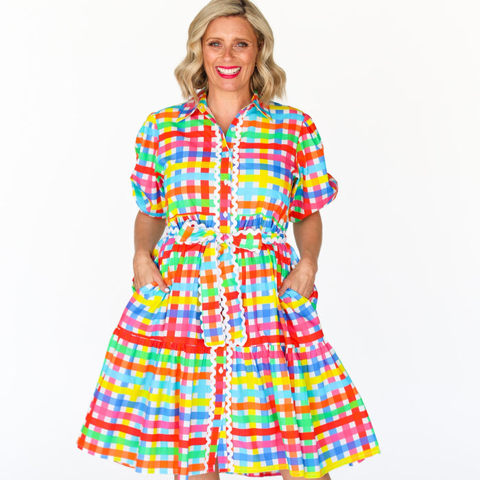 MELODY TIERED DRESS - NEON GINGHAM
